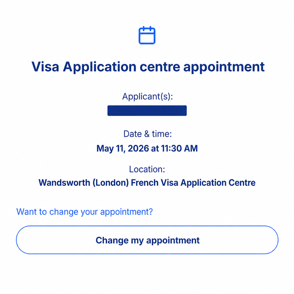 Confirmed booking — 11 May 2026, London French Visa Centre